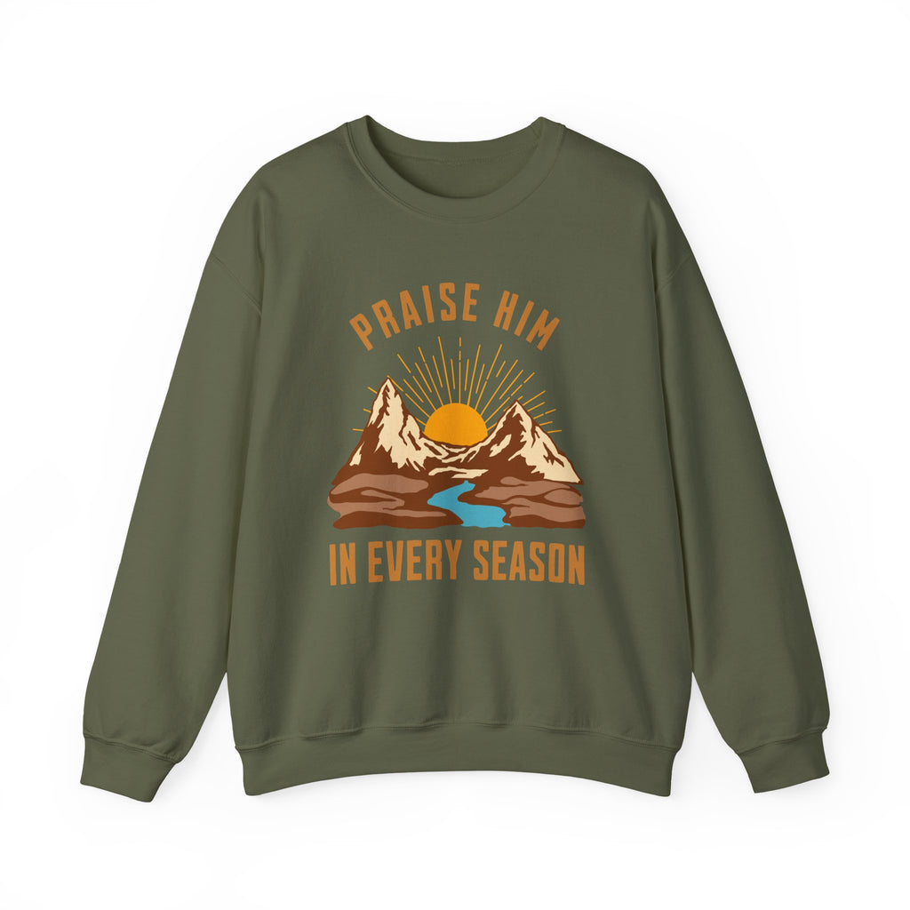Christian Sweatshirt – “Praise Him in Every Season” | Faith-Based Crewneck for Women