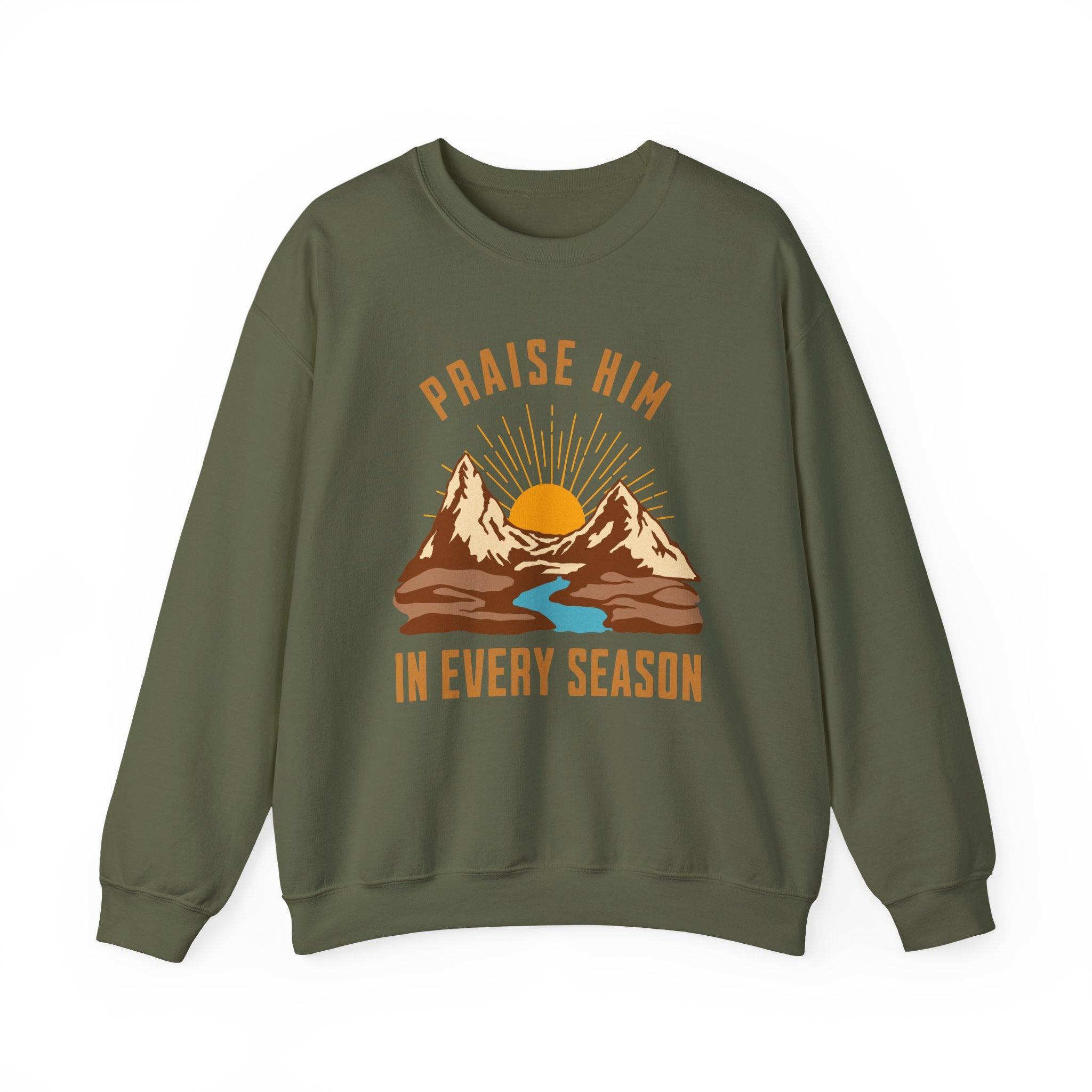 Christian Sweatshirt – “Praise Him in Every Season” | Faith-Based Crewneck for Women