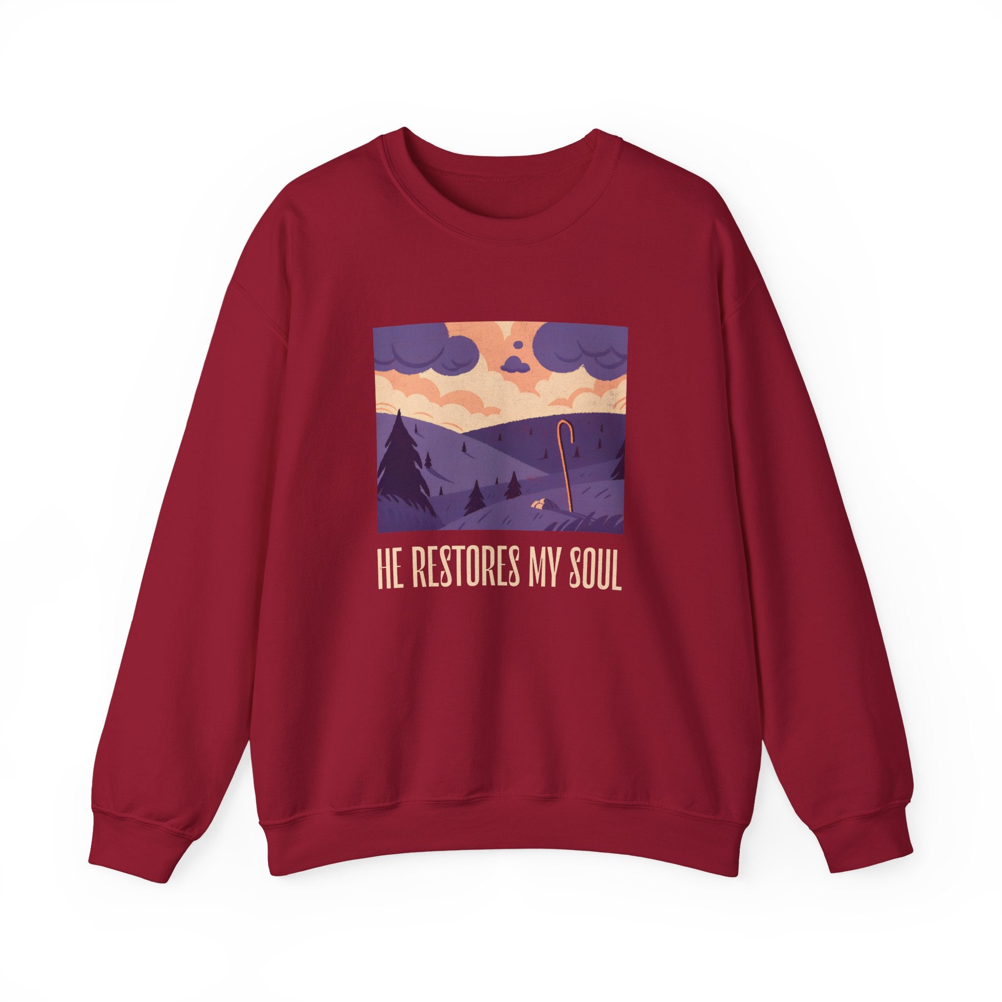 Christian Sweatshirt – “He Restores My Soul” | Faith-Based Comfort Fleece Crewneck