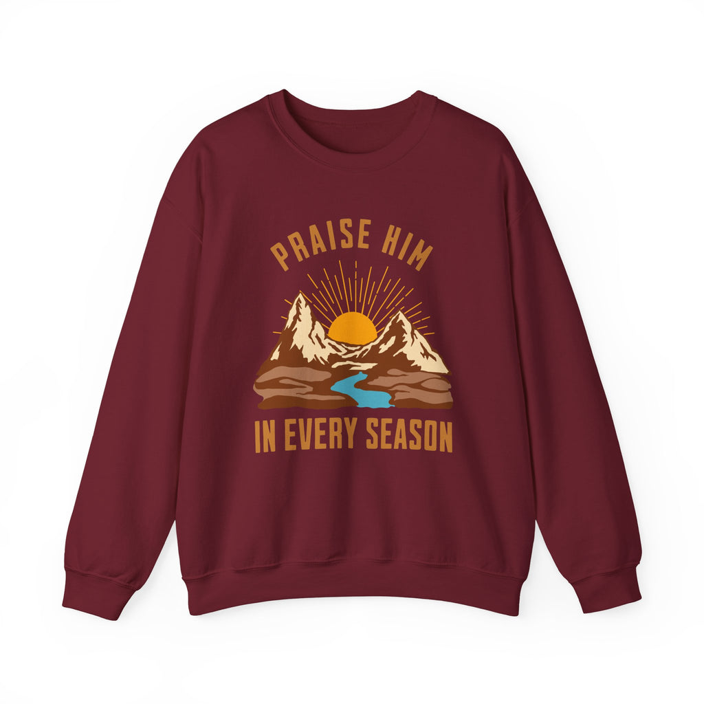 Christian Sweatshirt – “Praise Him in Every Season” | Faith-Based Crewneck for Women