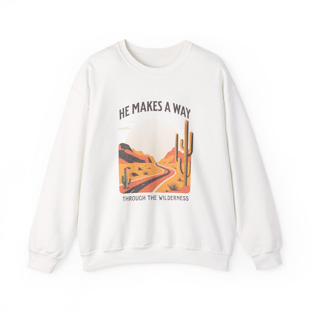 Christian Sweatshirt – “He Makes a Way Through the Wilderness” | Faith-Based Unisex Crewneck