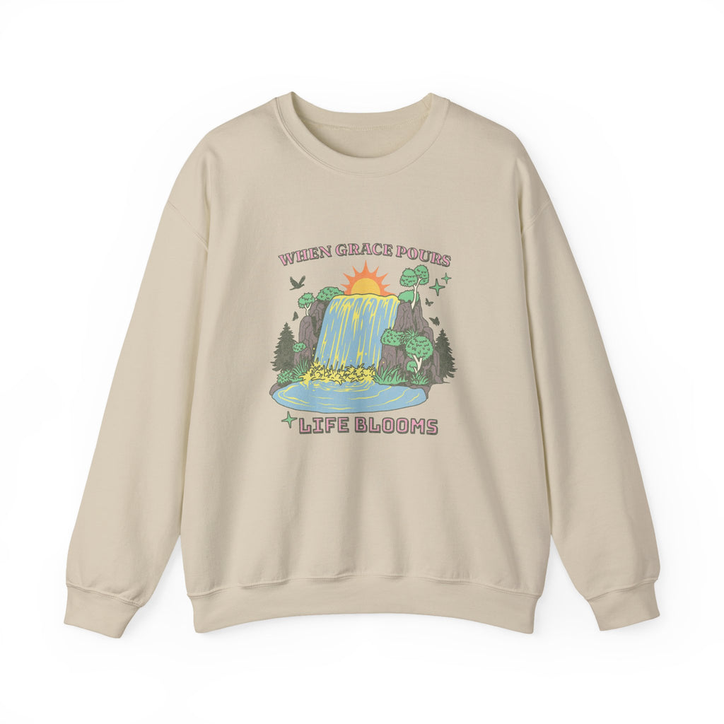 Christian Sweatshirt – “When Grace Pours, Life Blooms” | Faith-Based Unisex Crewneck