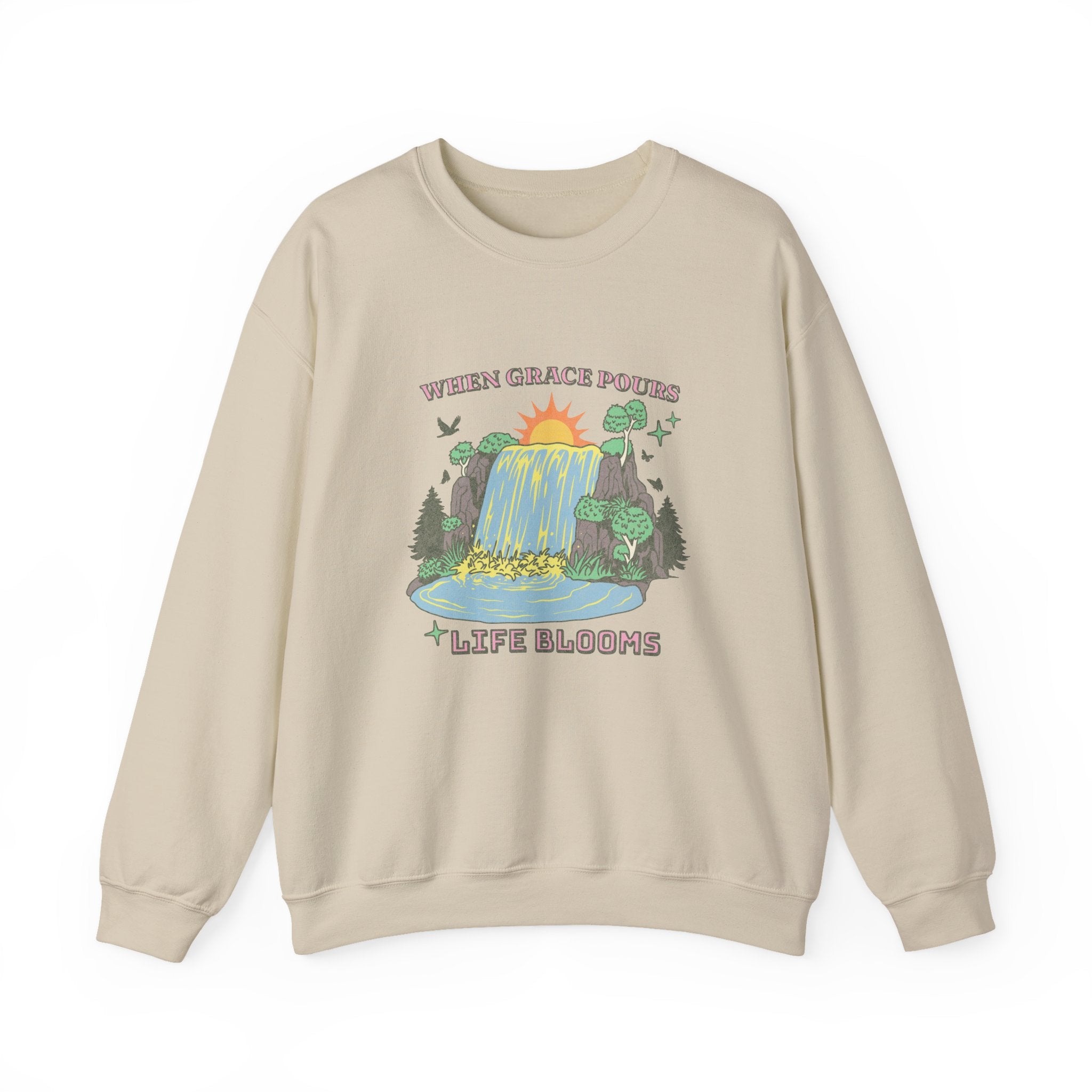 Christian Sweatshirt – “When Grace Pours, Life Blooms” | Faith-Based Unisex Crewneck