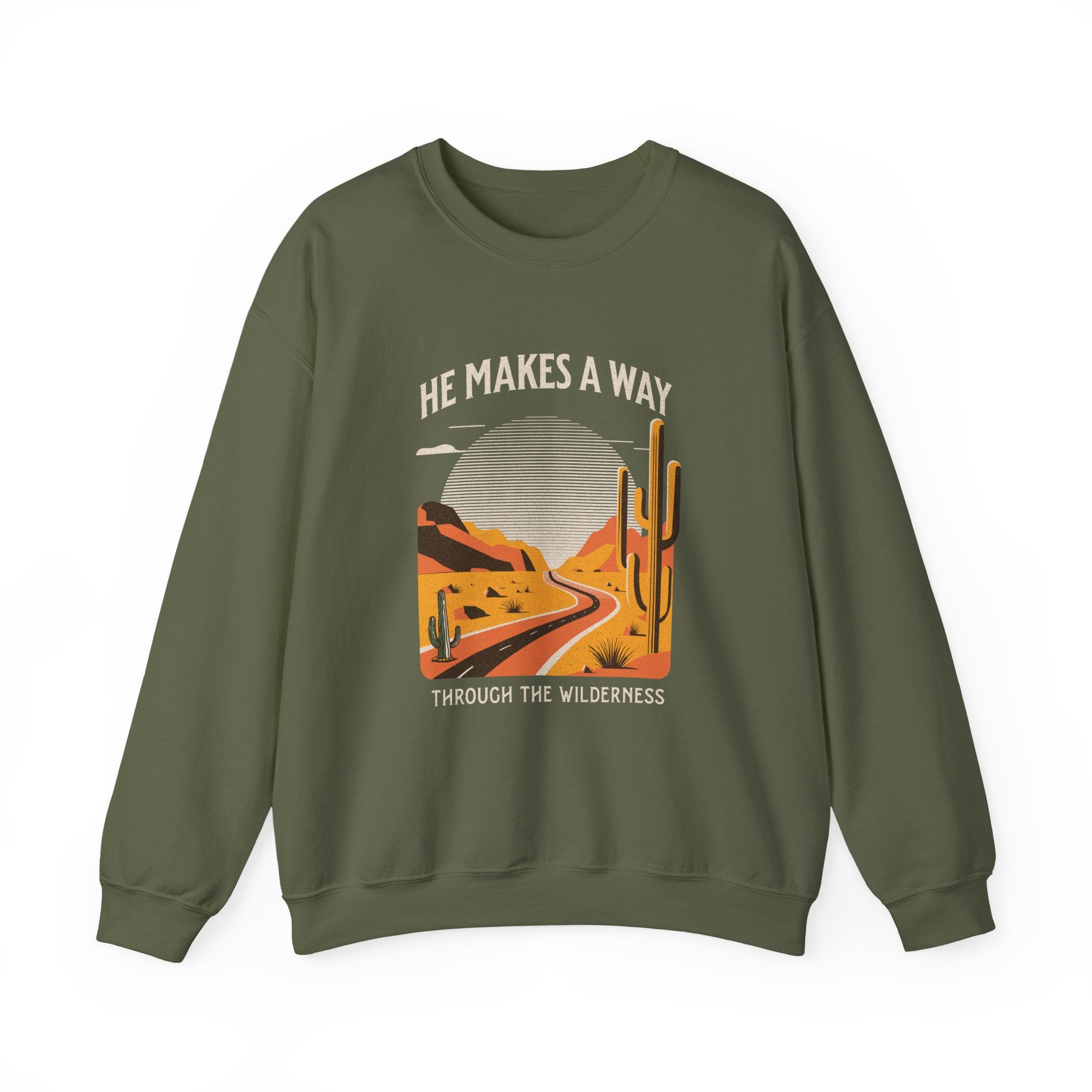Christian Sweatshirt – “He Makes a Way Through the Wilderness” | Faith-Based Unisex Crewneck