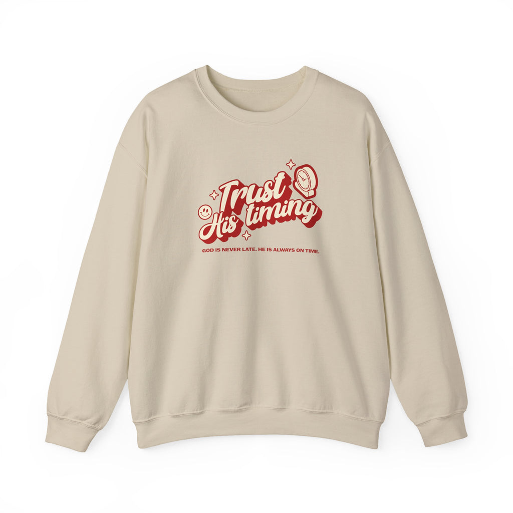 Christian Sweatshirt – “Trust His Timing” | Faith-Based Unisex Crewneck