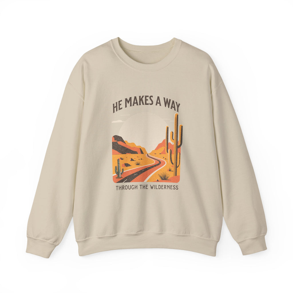 Christian Sweatshirt – “He Makes a Way Through the Wilderness” | Faith-Based Unisex Crewneck