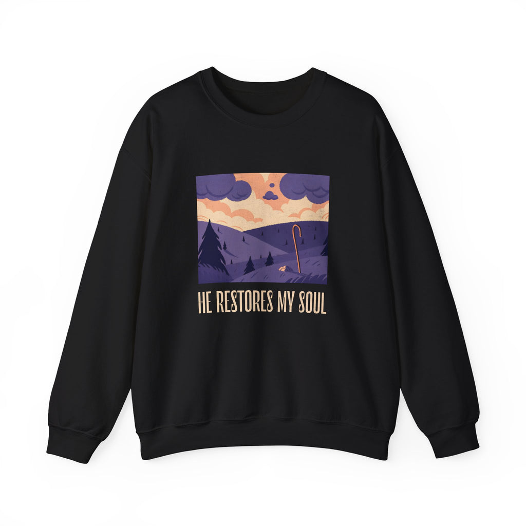 Christian Sweatshirt – “He Restores My Soul” | Faith-Based Comfort Fleece Crewneck