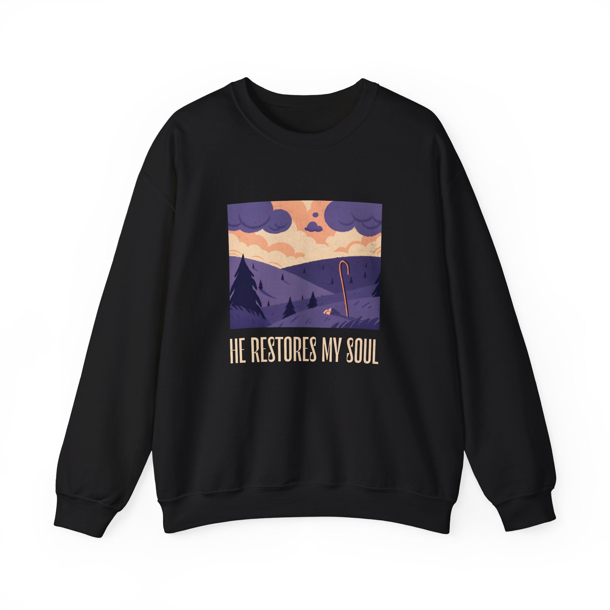 Christian Sweatshirt – “He Restores My Soul” | Faith-Based Comfort Fleece Crewneck