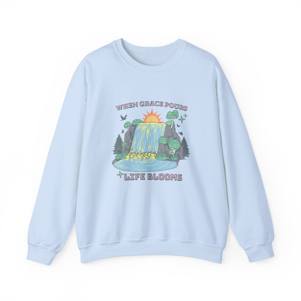 Christian Sweatshirt – “When Grace Pours, Life Blooms” | Faith-Based Unisex Crewneck