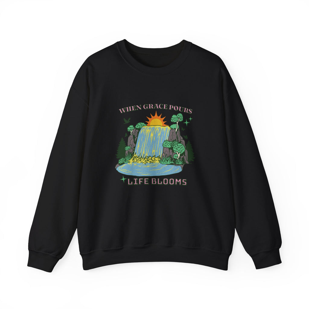 Christian Sweatshirt – “When Grace Pours, Life Blooms” | Faith-Based Unisex Crewneck