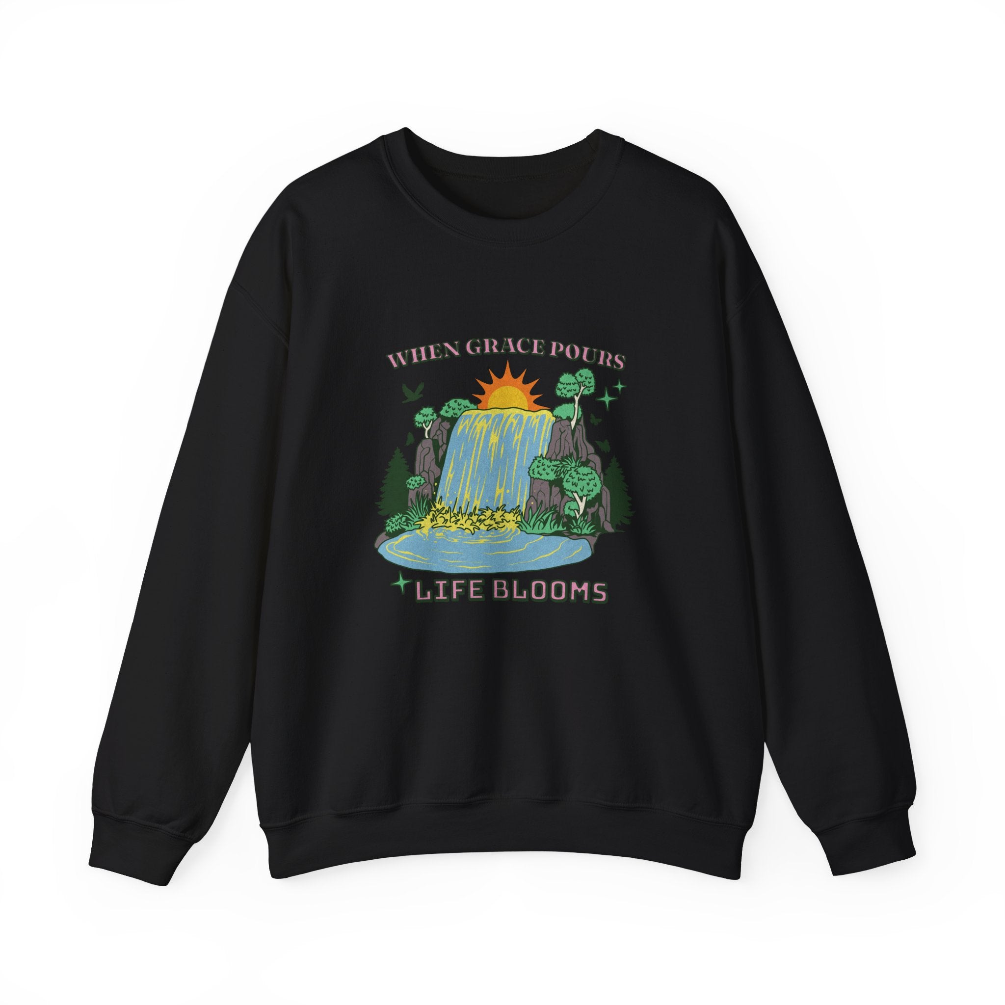 Christian Sweatshirt – “When Grace Pours, Life Blooms” | Faith-Based Unisex Crewneck