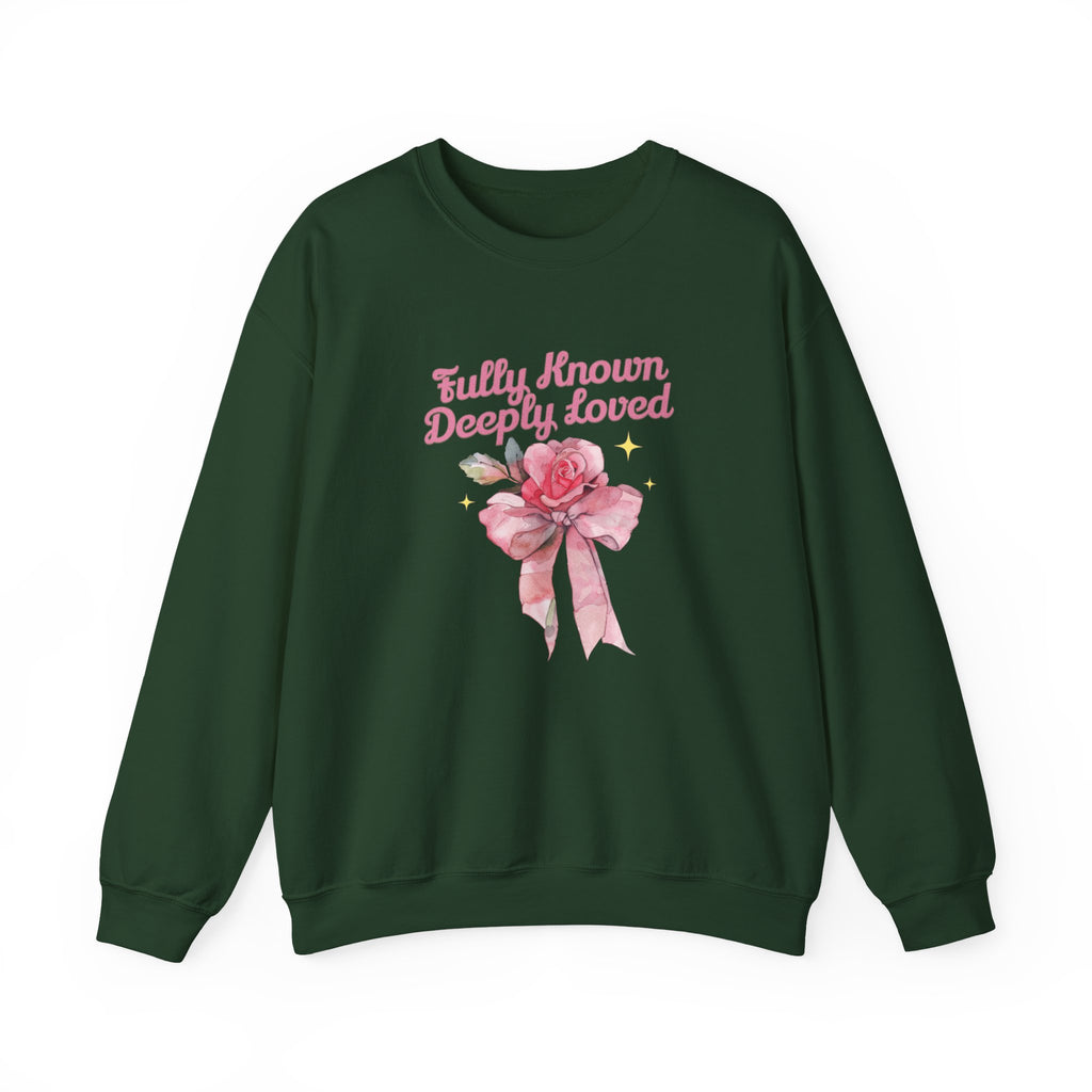 Christian Sweatshirt – “Fully Known, Deeply Loved” | Faith-Based Crewneck for Women
