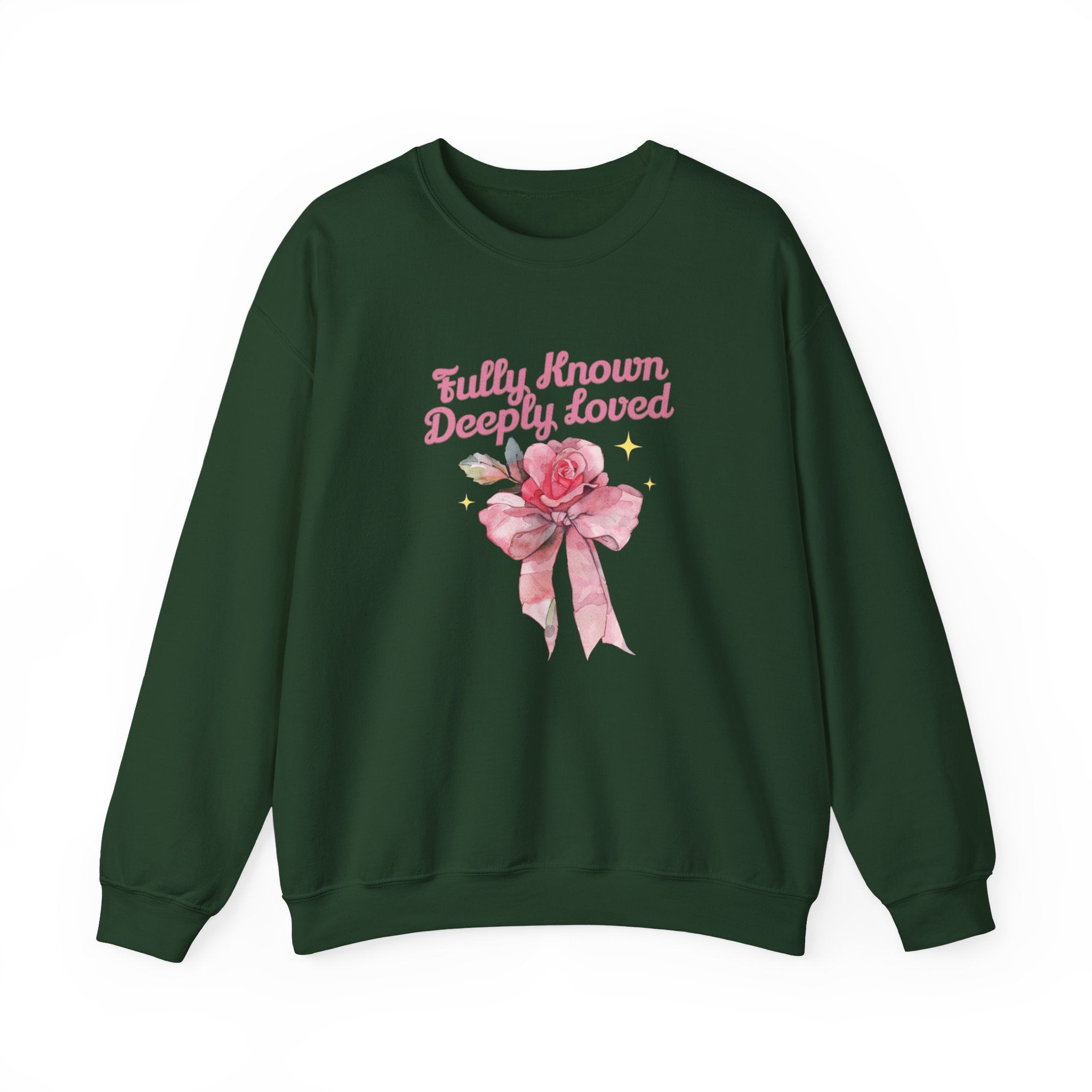 Christian Sweatshirt – “Fully Known, Deeply Loved” | Faith-Based Crewneck for Women