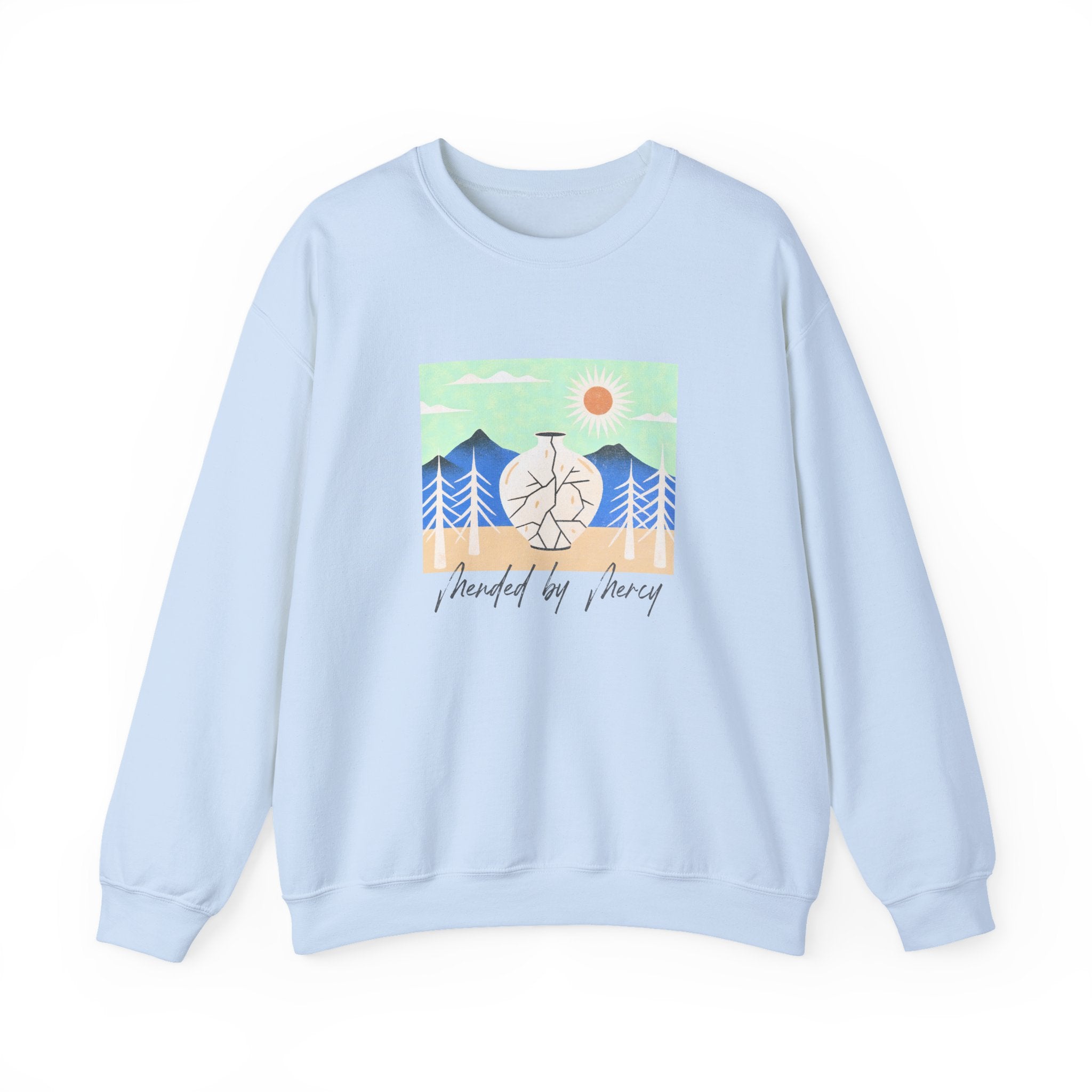 Christian Sweatshirt – “Mended By Mercy” | Unisex Faith-Based Crewneck
