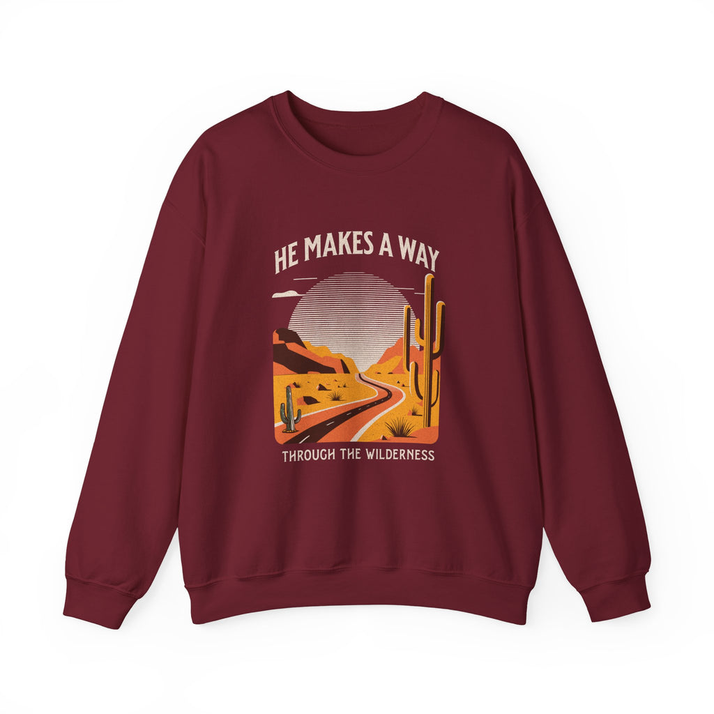 Christian Sweatshirt – “He Makes a Way Through the Wilderness” | Faith-Based Unisex Crewneck