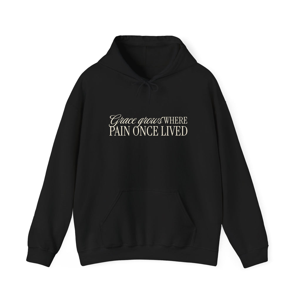 Christian Hoodie – “Grace Grows Where Pain Once Lived” | Faith-Based Unisex Pullover