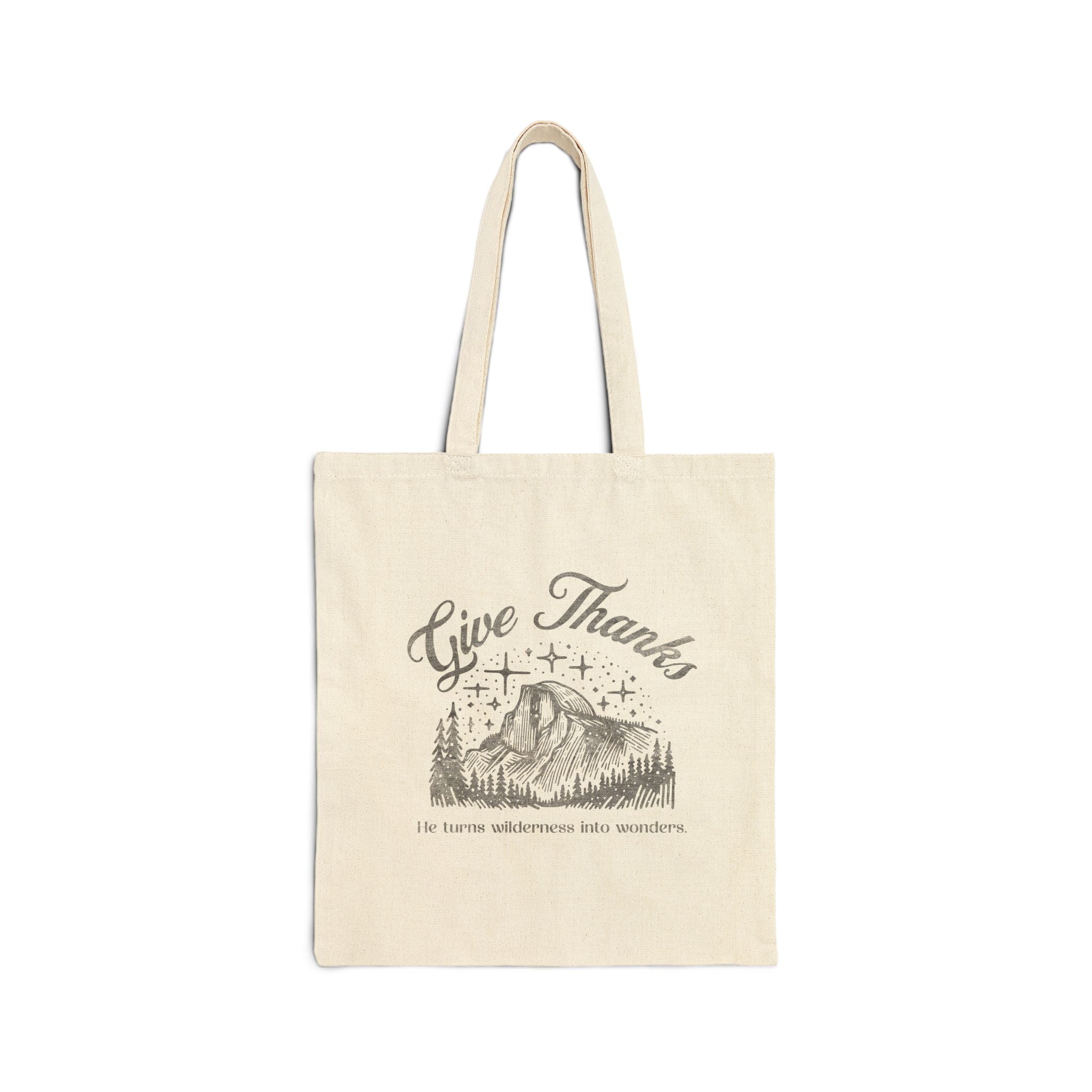 Christian Tote Bag – “Give Thanks, He Turns Wilderness into Wonders” | Faith-Inspired Everyday Bag