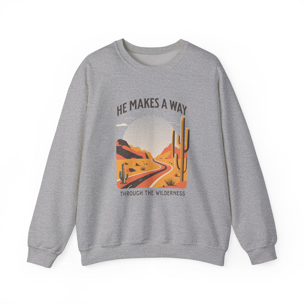 Christian Sweatshirt – “He Makes a Way Through the Wilderness” | Faith-Based Unisex Crewneck