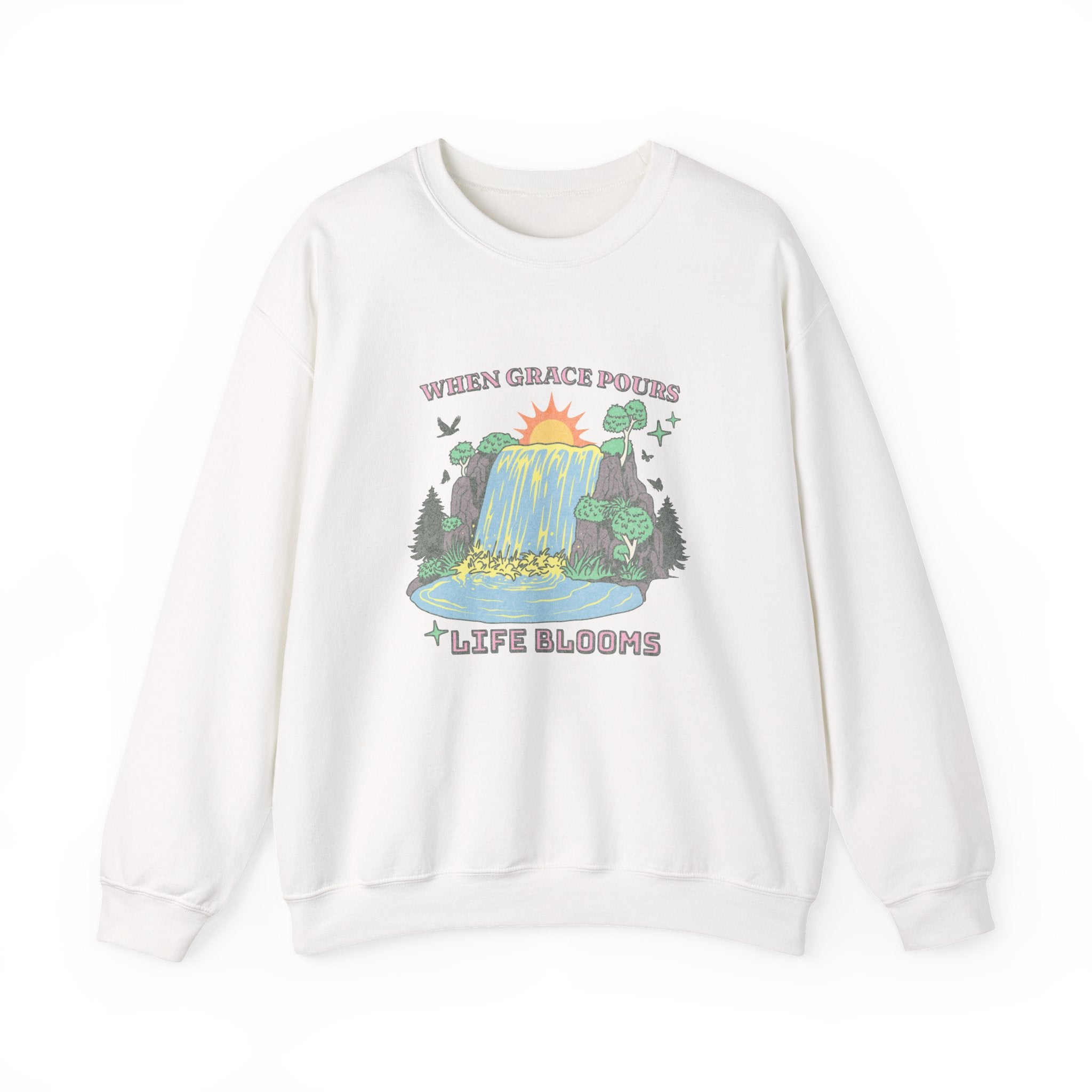 Christian Sweatshirt – “When Grace Pours, Life Blooms” | Faith-Based Unisex Crewneck