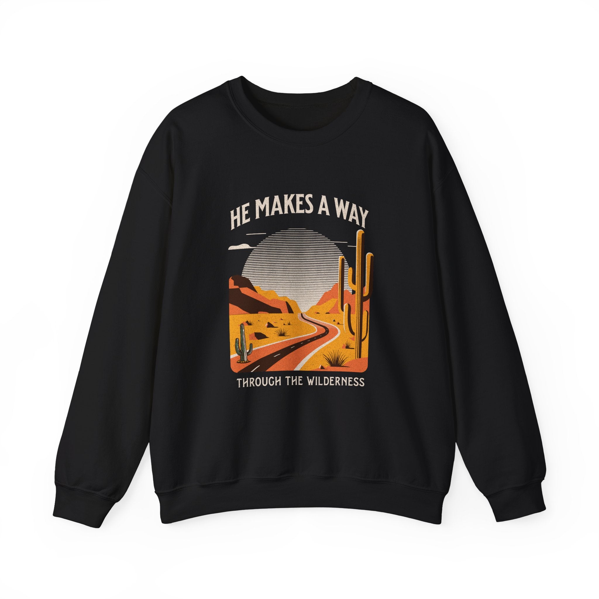 Christian Sweatshirt – “He Makes a Way Through the Wilderness” | Faith-Based Unisex Crewneck