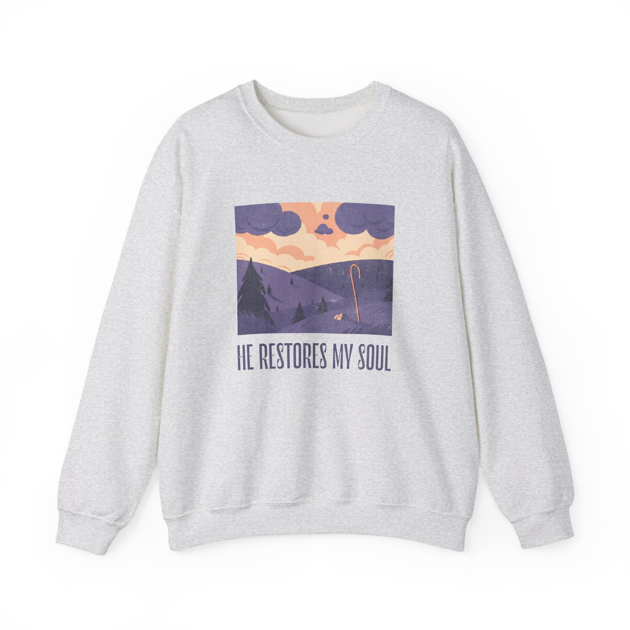 Christian Sweatshirt – “He Restores My Soul” | Faith-Based Comfort Fleece Crewneck