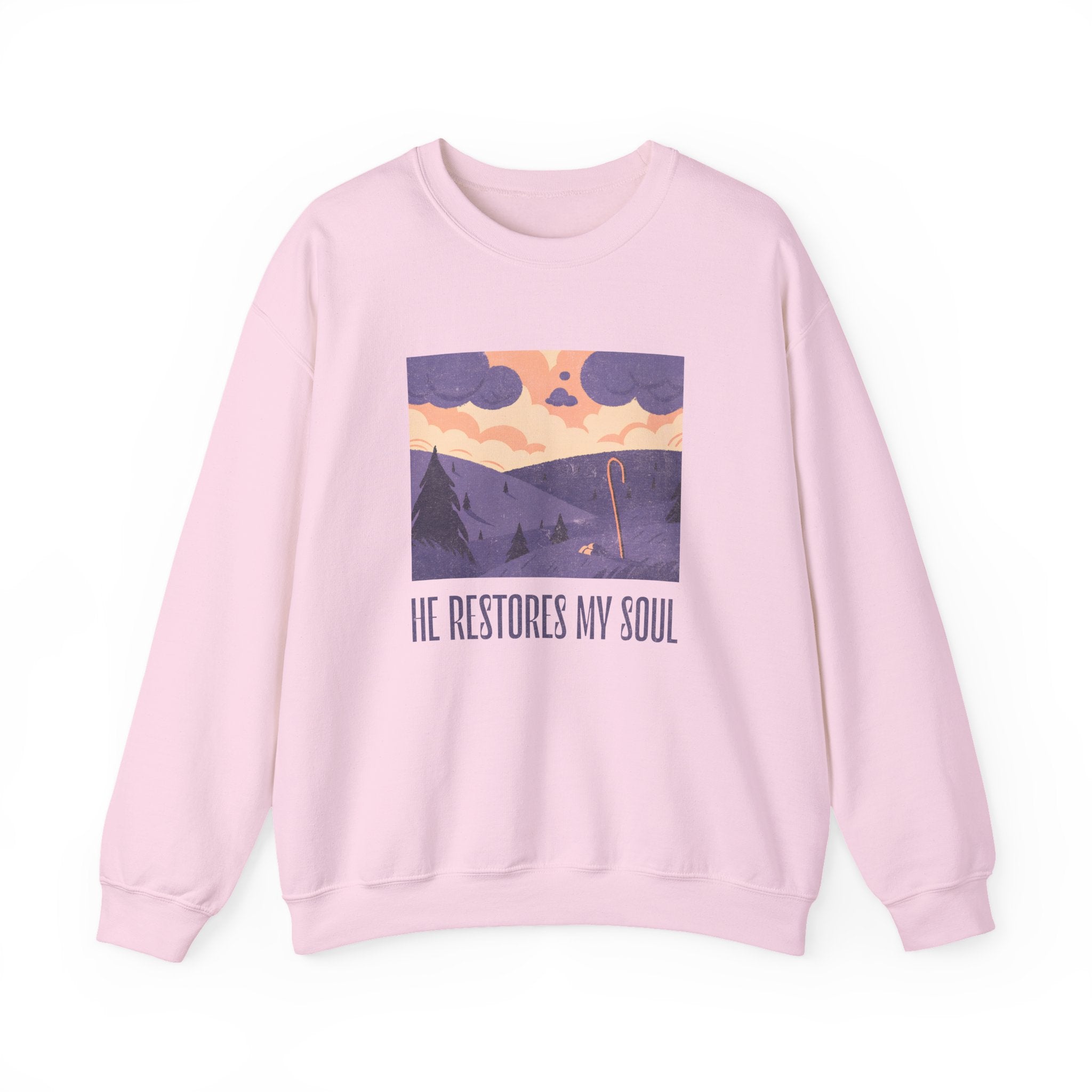Christian Sweatshirt – “He Restores My Soul” | Faith-Based Comfort Fleece Crewneck