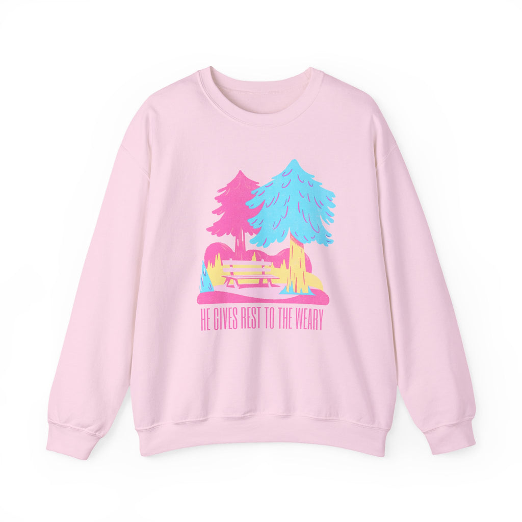 Christian Sweatshirt – “He Gives Rest to the Weary” | Unisex Faith-Based Crewneck