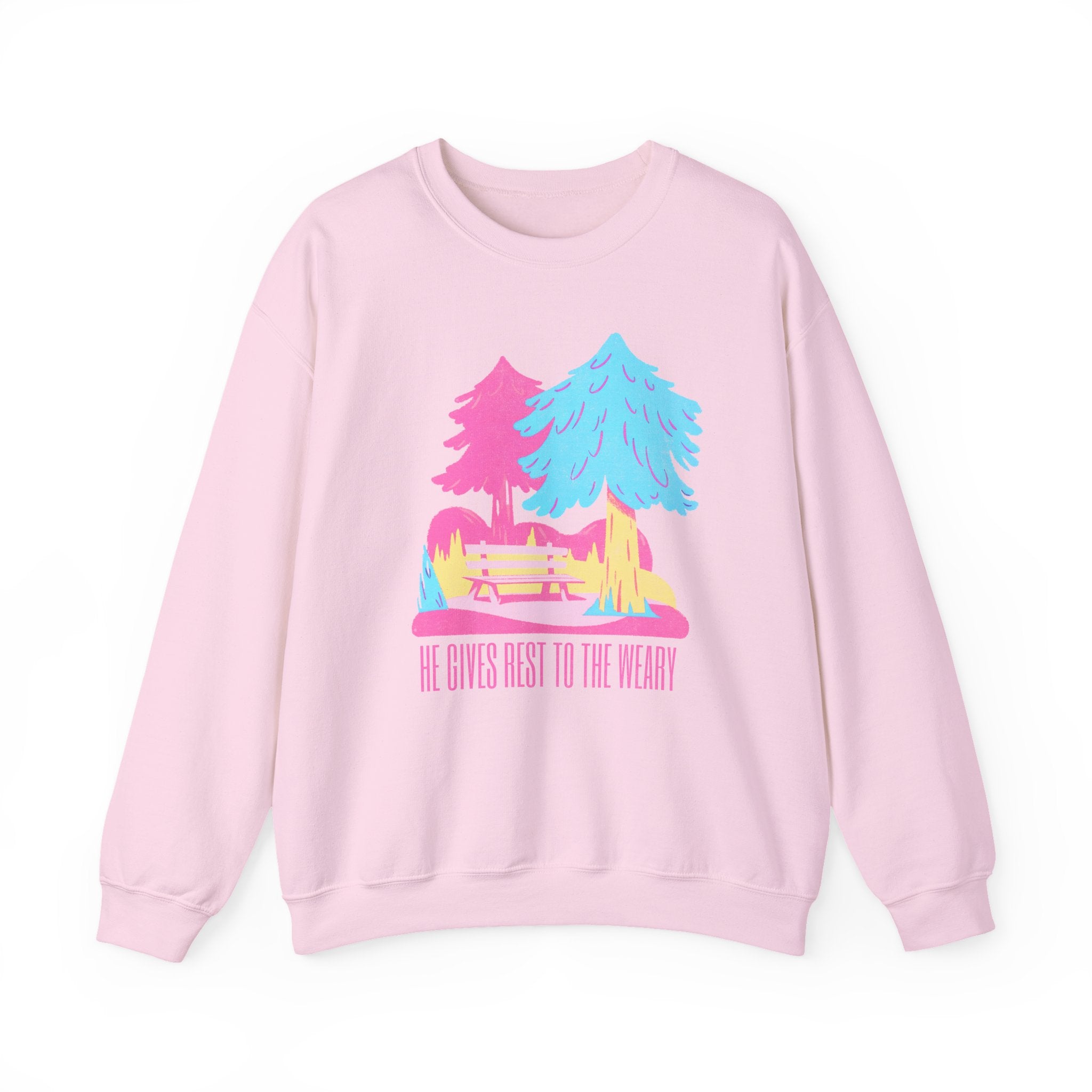 Christian Sweatshirt – “He Gives Rest to the Weary” | Unisex Faith-Based Crewneck