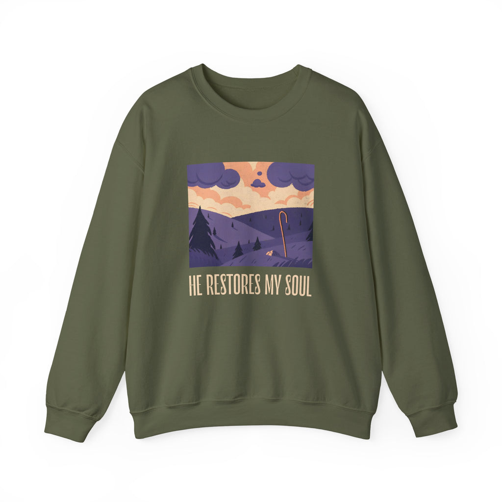 Christian Sweatshirt – “He Restores My Soul” | Faith-Based Comfort Fleece Crewneck