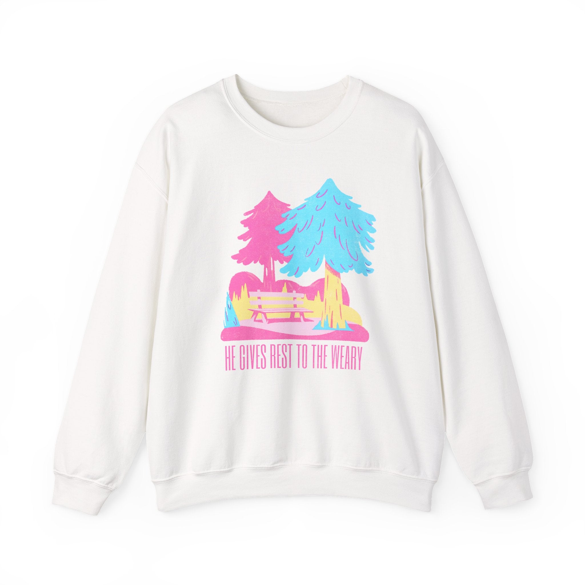 Christian Sweatshirt – “He Gives Rest to the Weary” | Unisex Faith-Based Crewneck