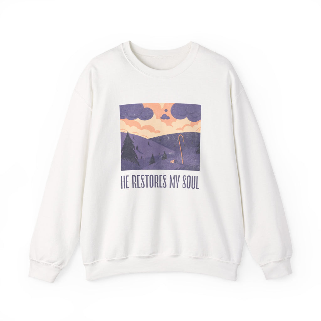 Christian Sweatshirt – “He Restores My Soul” | Faith-Based Comfort Fleece Crewneck