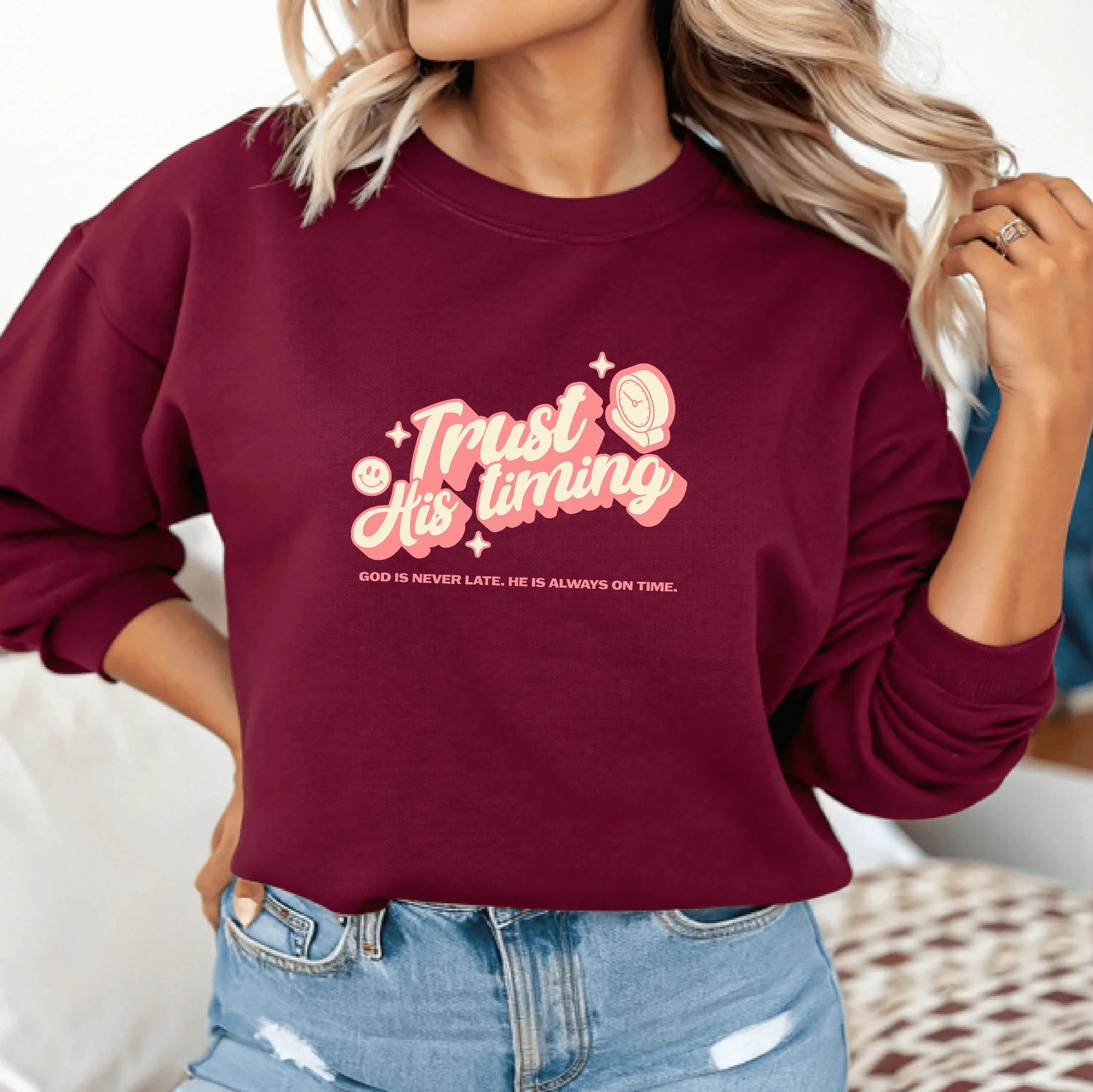 Christian Sweatshirt – “Trust His Timing” | Faith-Based Unisex Crewneck