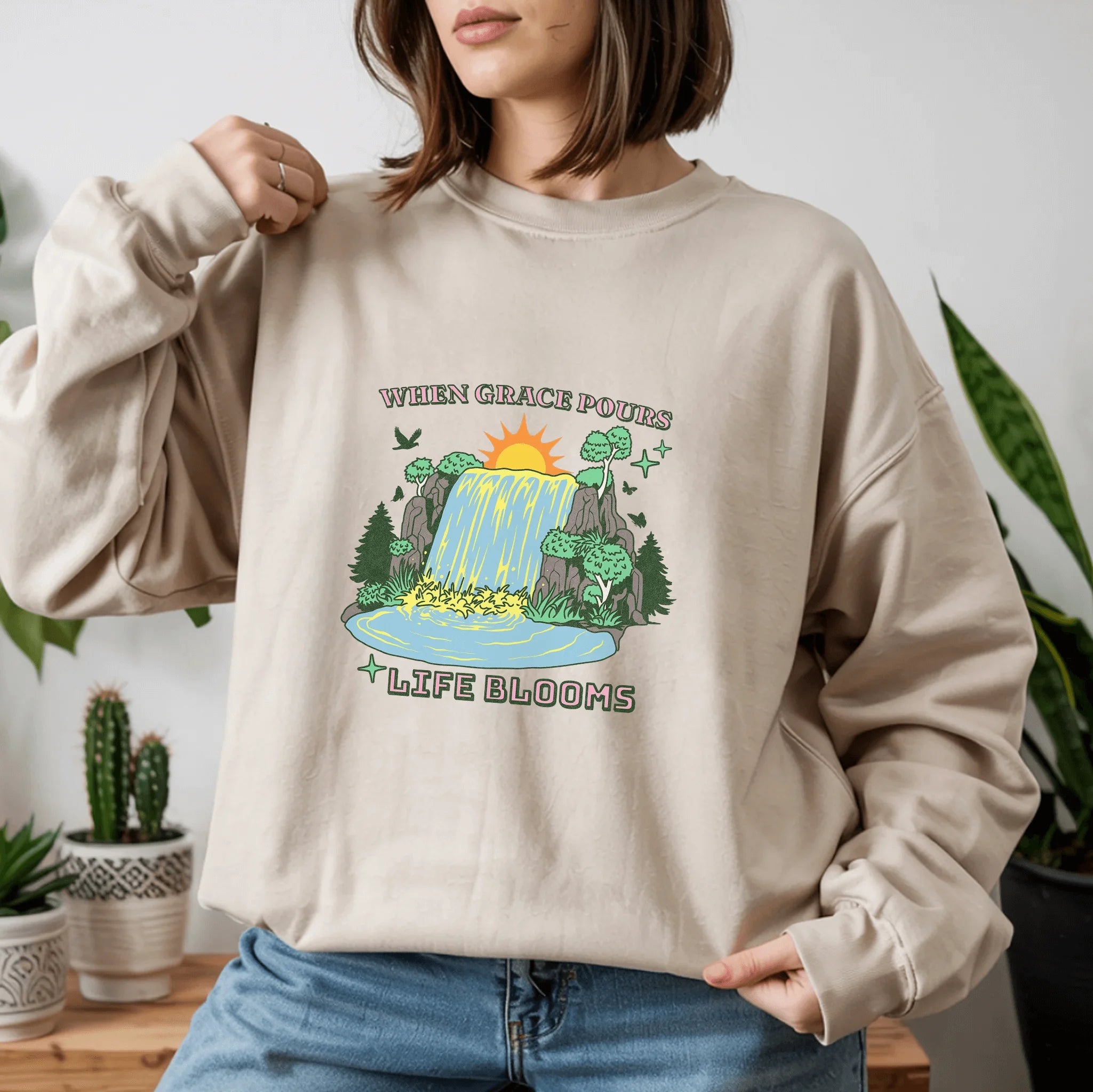 Christian Sweatshirt – “When Grace Pours, Life Blooms” | Faith-Based Unisex Crewneck