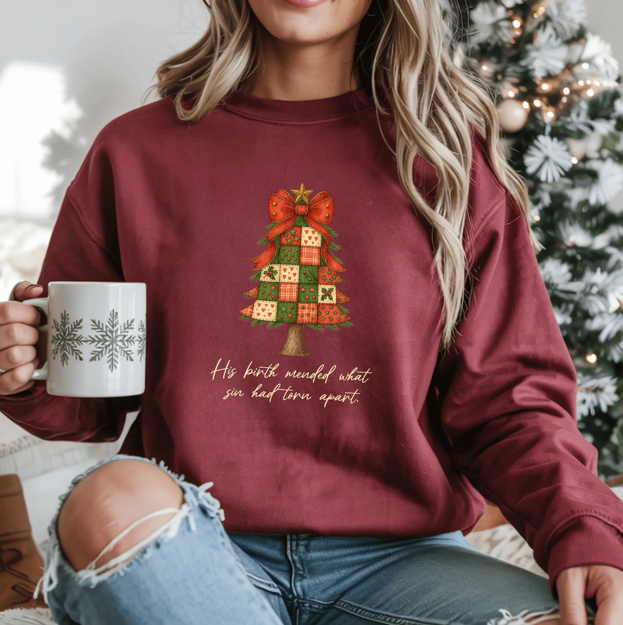 Christmas Collection – “His Birth Mended What Sin Had Torn Apart” Sweatshirt| Christian Apparel & Gifts